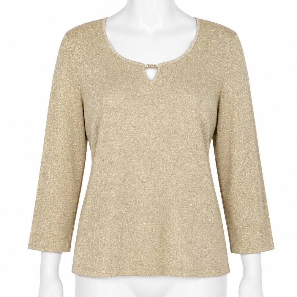U-Knit Silk Blend Knit Top Women Medium Gold Metallic Shimmer Keyhole 3/4 Sleeve